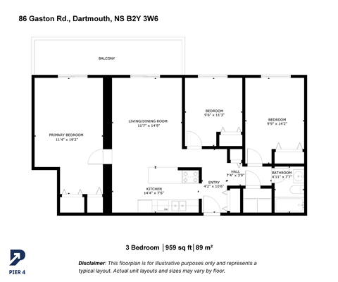 Floor plan for 3 beds, 1 bath, 959 sqft